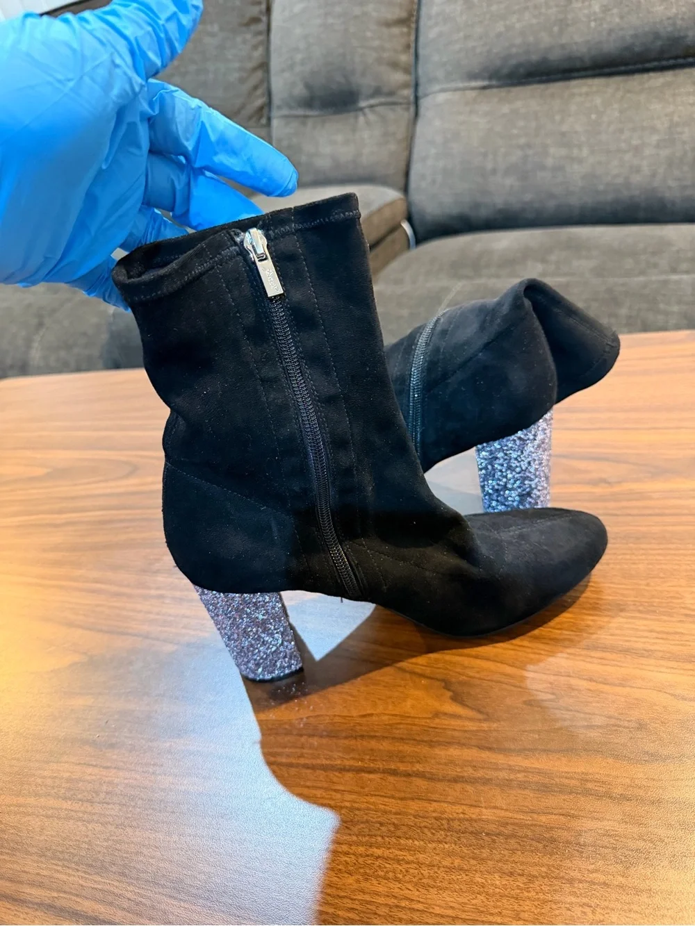 NWOT Badgley Mischka Black Suede Ankle Boots with Silver Glitter Block Heel